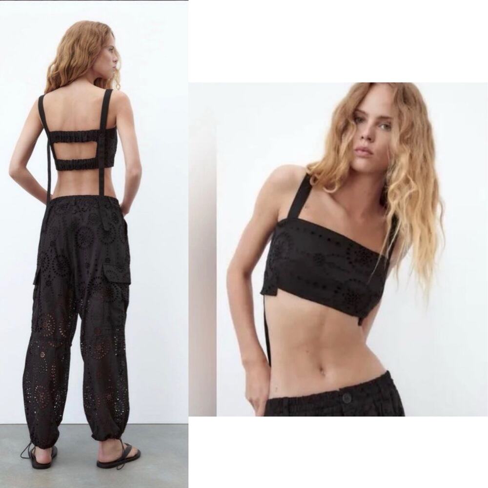 Zara Backless Bandeau Crop Top Black Floral Cutout Embroidered Minimalist XS